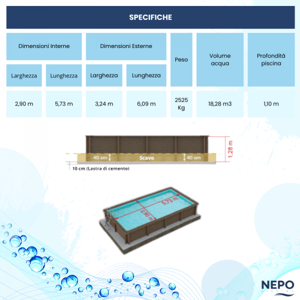 Piscina Seminterrata effetto legno in pietra ricostruita rettangolare NATURALIS 6,09 x 3,24