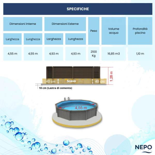 Piscina Seminterrata 128 CM effetto legno in pietra ricostruita decagonale NATURALIS Ø 4,93