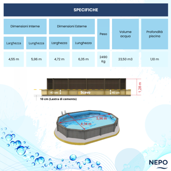 Misure 128 Piscina Seminterrata effetto legno in pietra ricostruita decagonale allungata NATURALIS 6,35 x 4,72