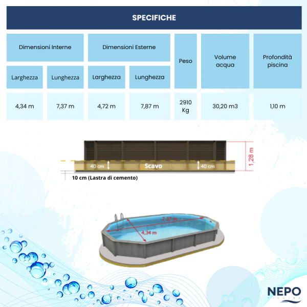 Misure 128 cm standard Piscina Seminterrata effetto legno in pietra ricostruita decagonale allungata NATURALIS 7,75 x 4,72