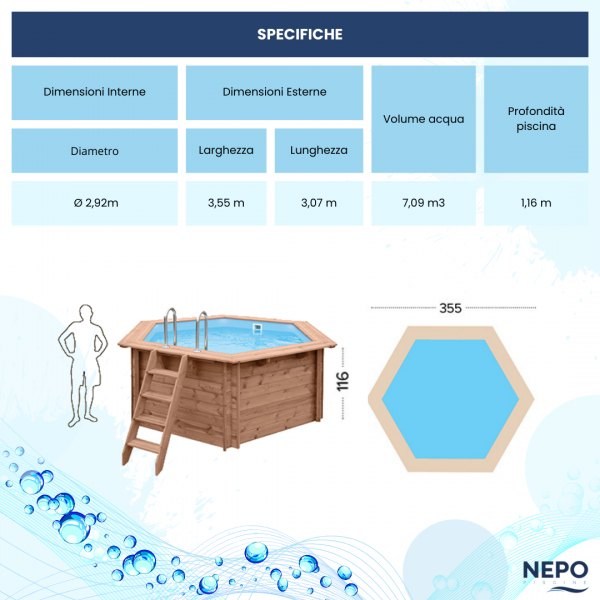 Scheda tecnica 3, 55 Piscina fuori terra in legno ottagonale BALI