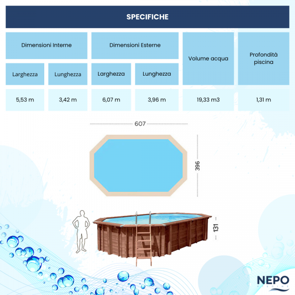 Caratteristiche 6,03 Pisciona fuori terra in legno ottagnale allungata BALI