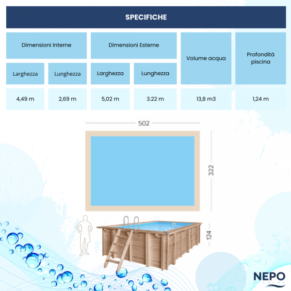 Caratteristiche 5 mt Piscina fuori terra in legno rettangolare BALI