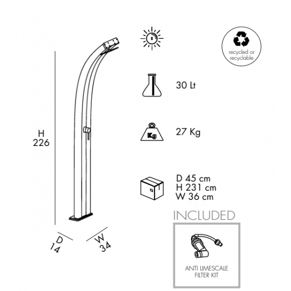 Doccia Solare misure da Giardino DADA 300 CURVA 40 LITRI con lavapiedi in alluminio