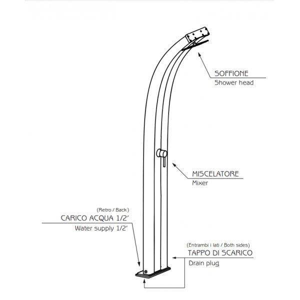 Descrizione Doccia Solare misure  da Giardino DADA 300 CURVA 40 LITRI con lavapiedi in alluminio